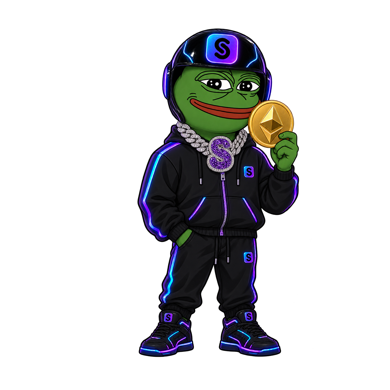 SENDPEPE, a wide-eyed black raven against an acid green field